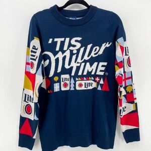 Miller Lite Unisex Holiday Christmas Sweater Navy Blue ‘Tis Miller Time S